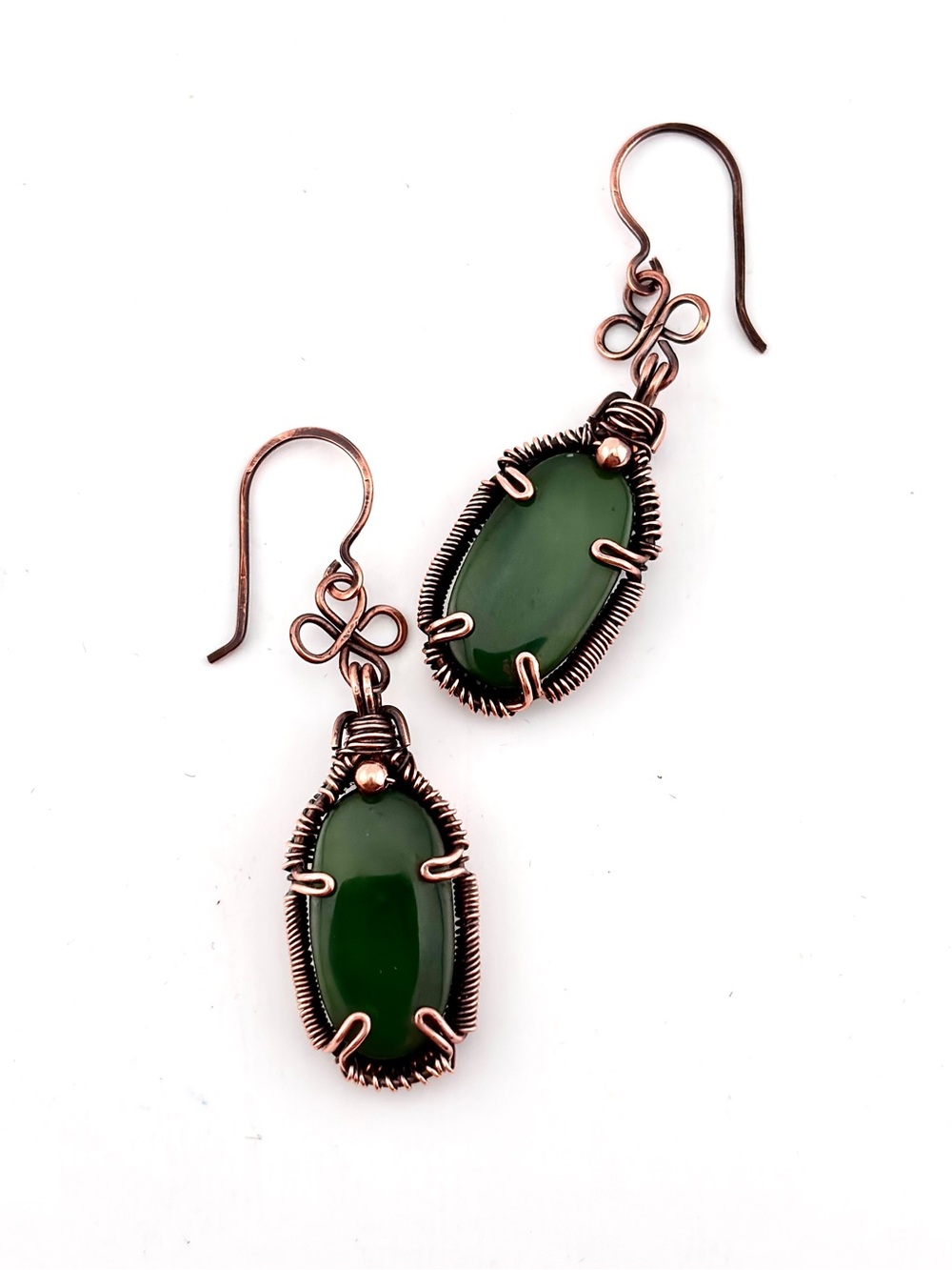 HANDMADE Nephrite Jade Copper Wire Wrapped Dangle Earrings, Jewelry Gift for Her